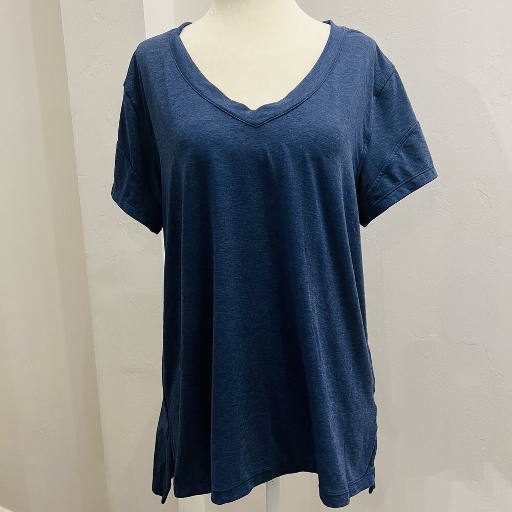 Zella Womens Short Sleeve V Neck Athletic Tee T Shirt Navy Blue Gym Run Yoga L